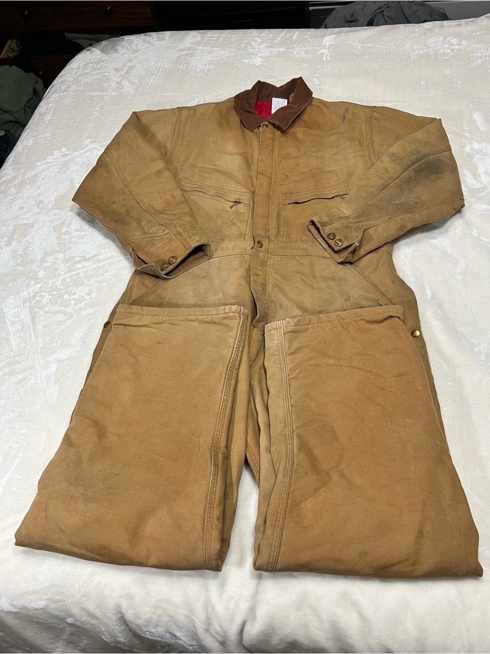 Carhartt Men's Brown Duck Insulated Zip Coverall Workwear Sz 44 Short Distressed